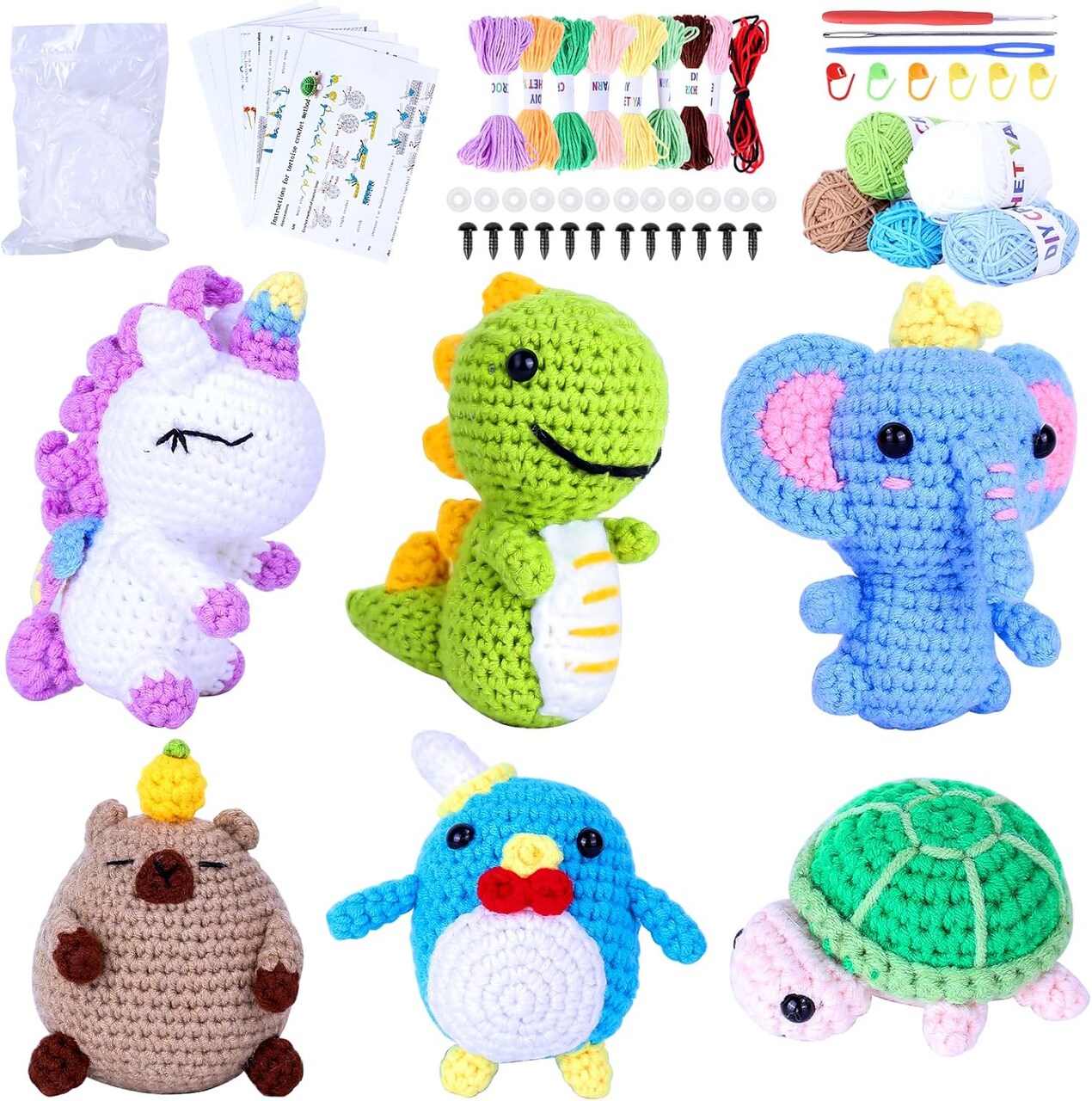 Knitting Kit for Beginners with 6 Pcs Crochet Animal Kit for Beginners in Step by Step Video Tutorials, Beginner Crochet Kit